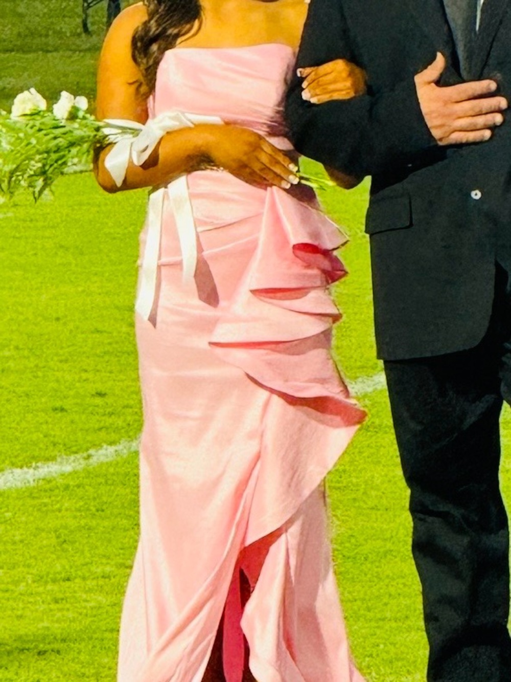 Strapless Pink Ruffle Prom Gown